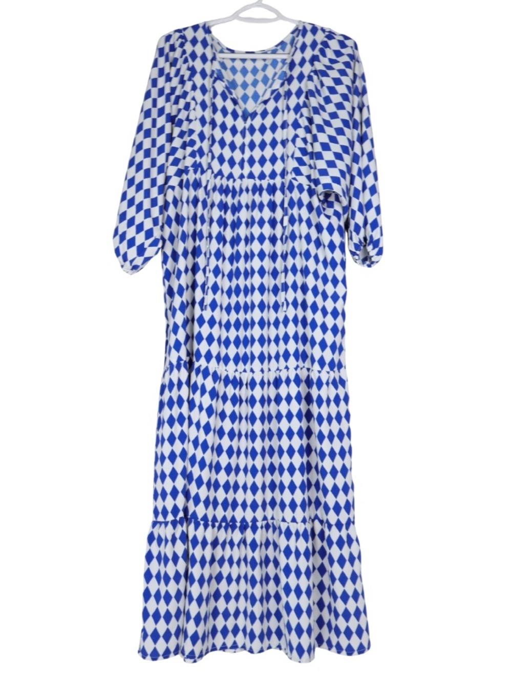 MIDUO Womens Medium Blue White Geometric Maxi Dress Tiered Boho Resor